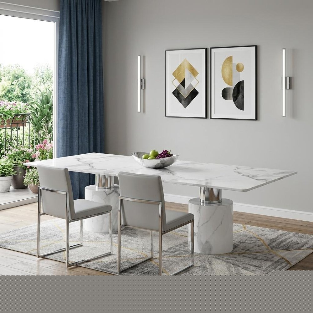 120" White Marble Double Pedestal Base Dining Table