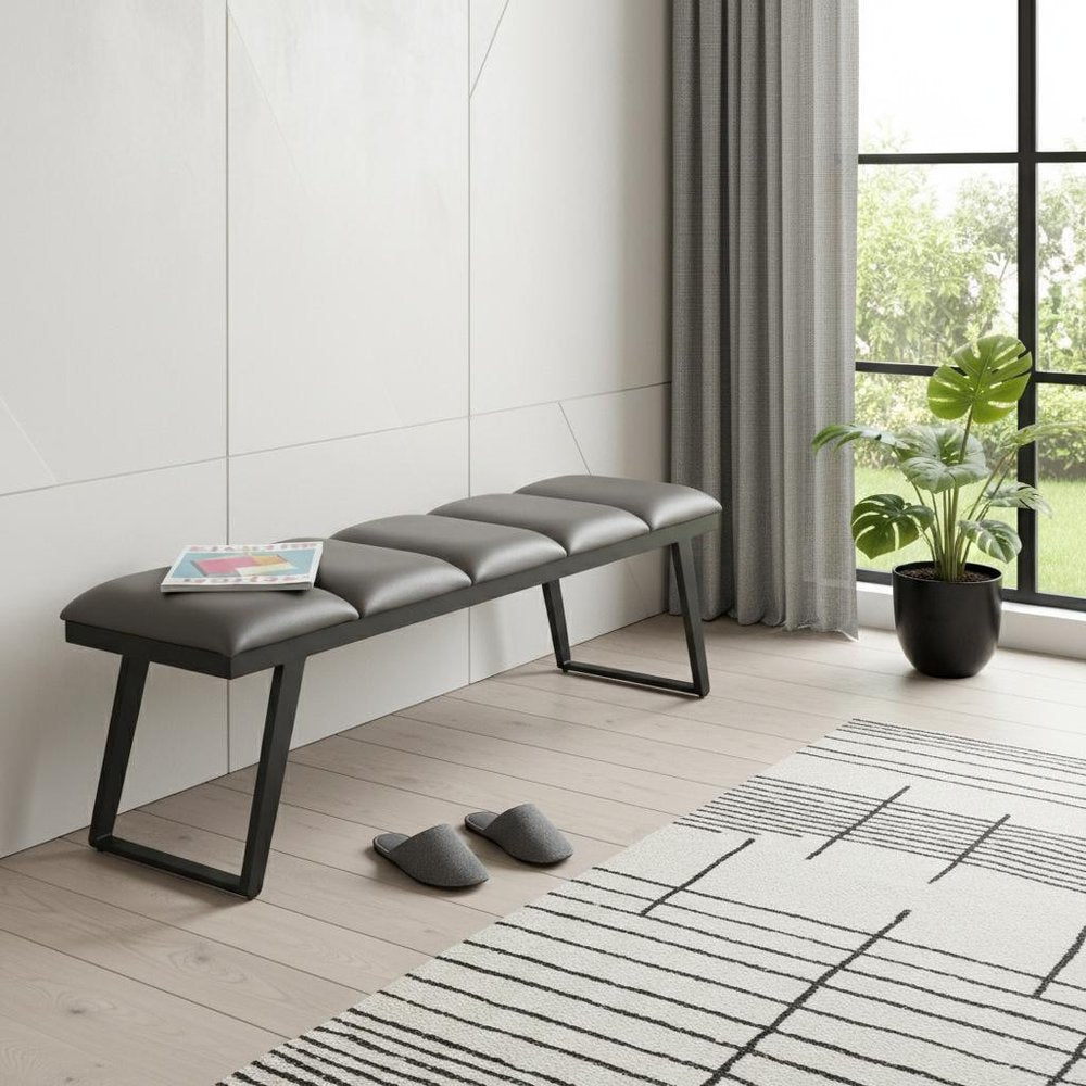 57" Gray Upholstered Faux Leather Bench
