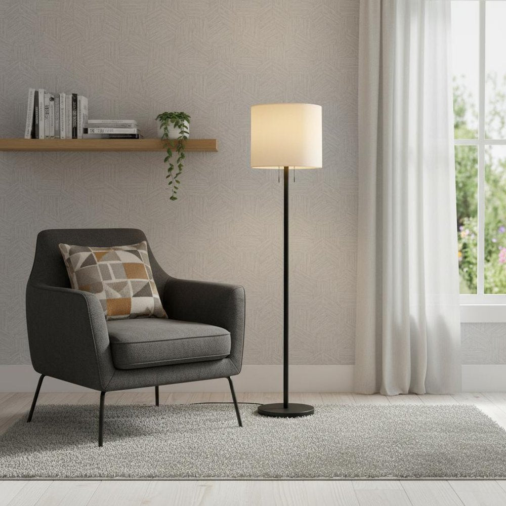 60" Black And White Floor Lamp With White Fabric Drum Shade