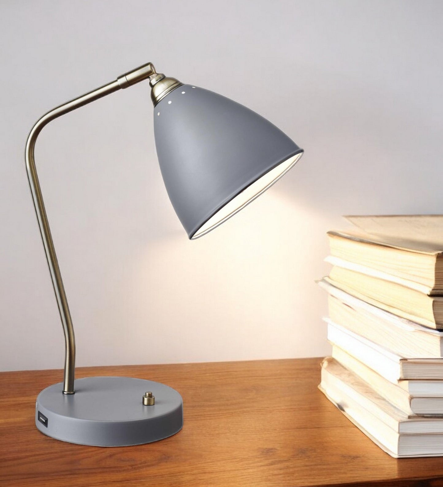 Grey Metal And Antique Brass Adjustable Usb Port Desk Lamp