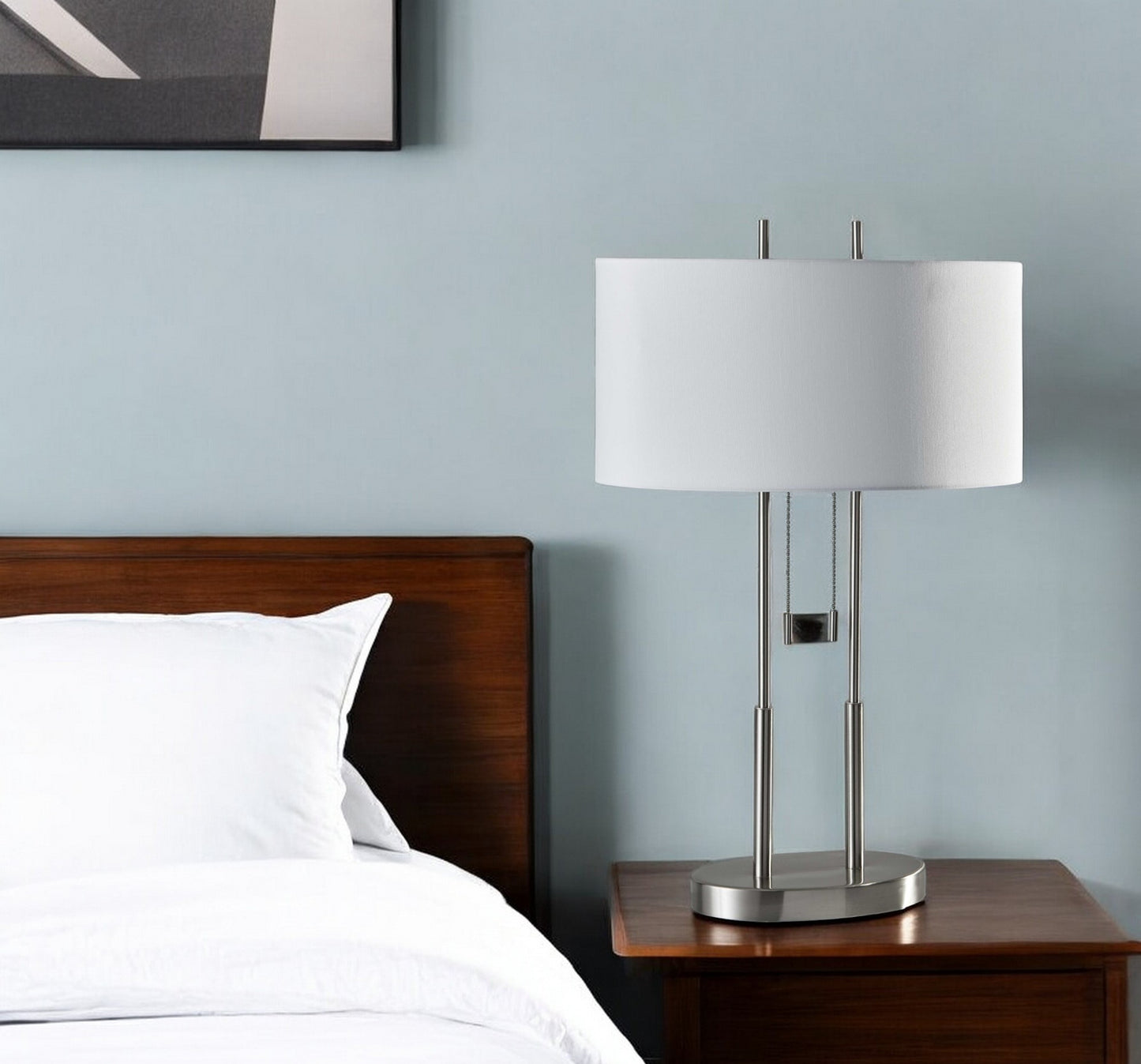 27" Silver Metal Two Light Bedside Lamp With Off White Drum Shade