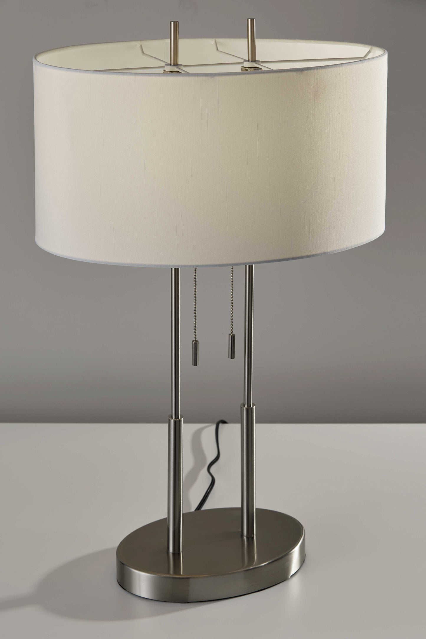 27" Silver Metal Two Light Bedside Lamp With Off White Drum Shade
