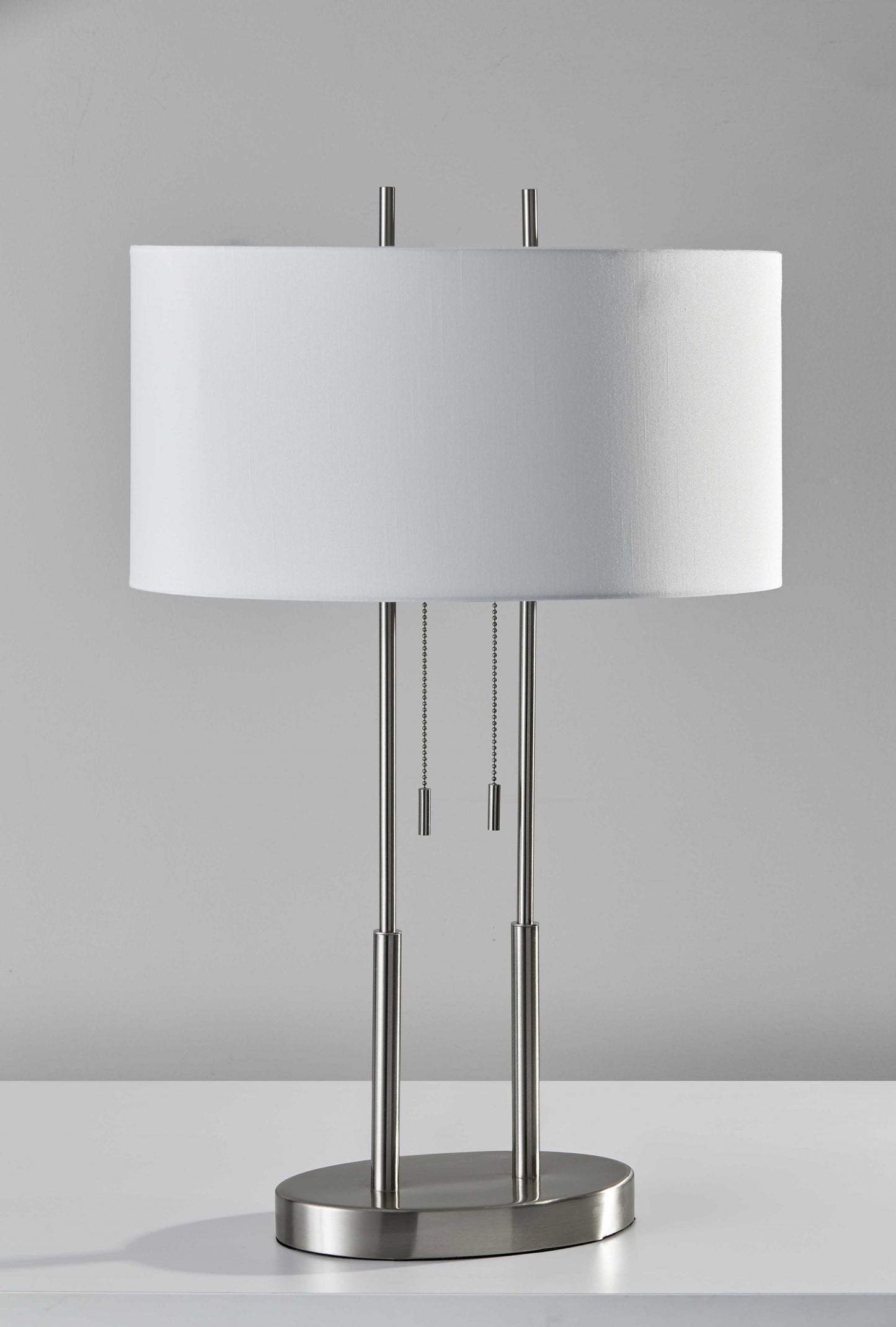 27" Silver Metal Two Light Bedside Lamp With Off White Drum Shade