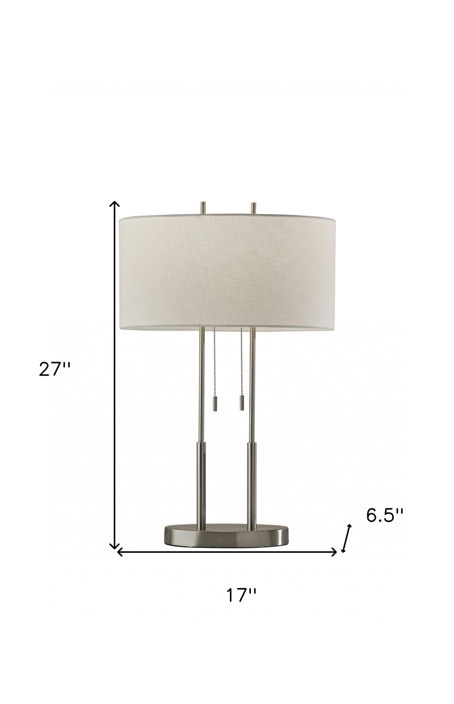27" Silver Metal Two Light Bedside Lamp With Off White Drum Shade