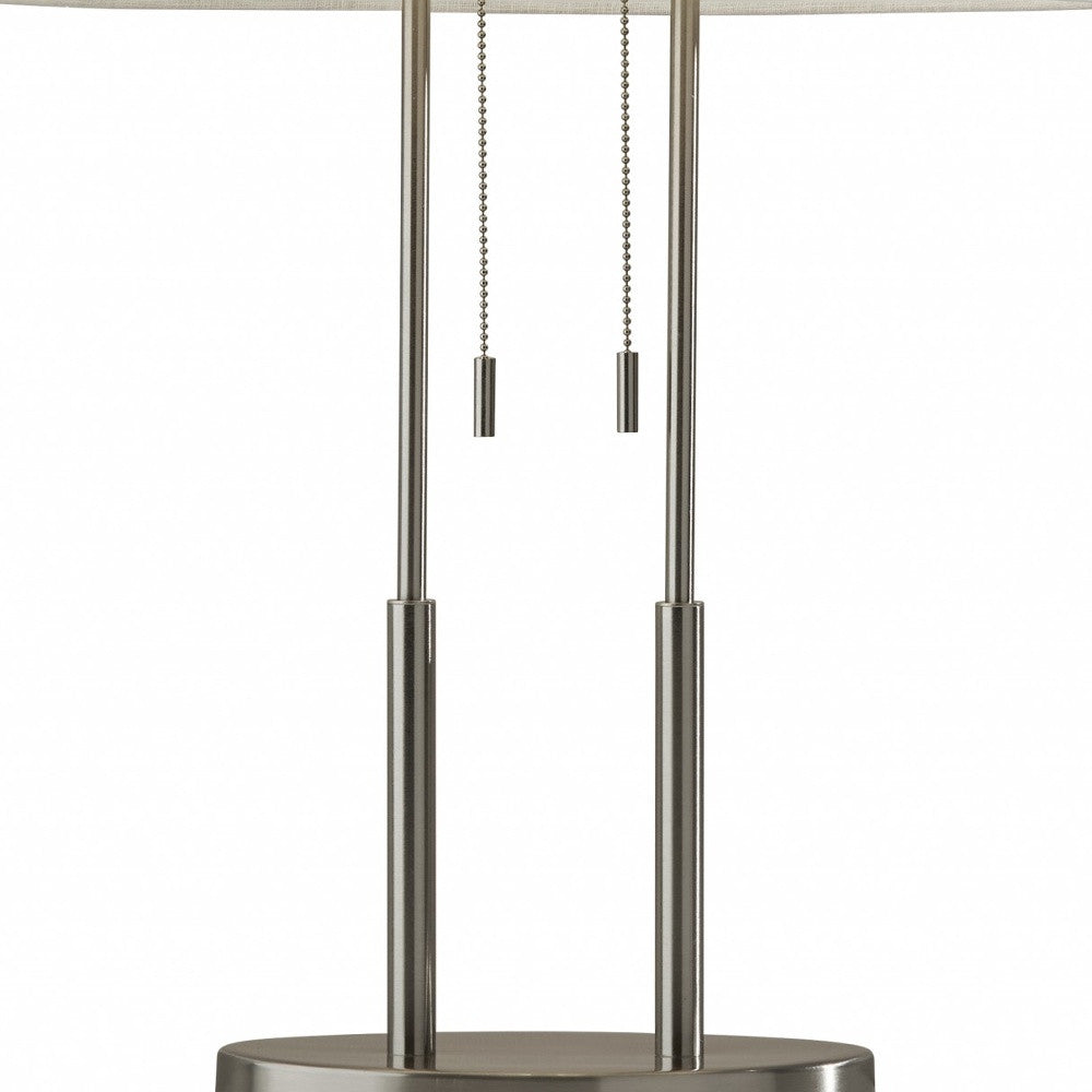 27" Silver Metal Two Light Bedside Lamp With Off White Drum Shade