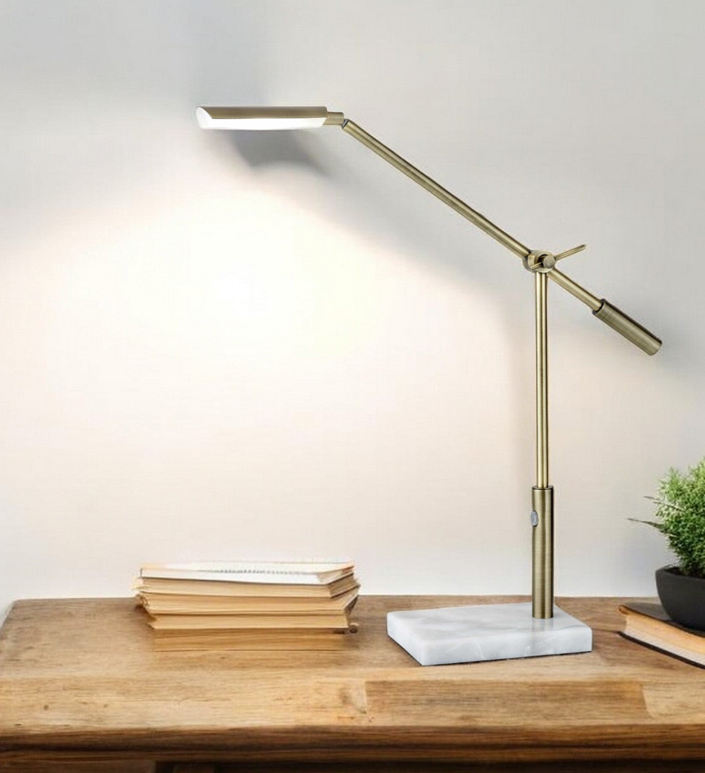 26" Antiqued Gold And White Marble And Metal Adjustable LED Desk Lamp