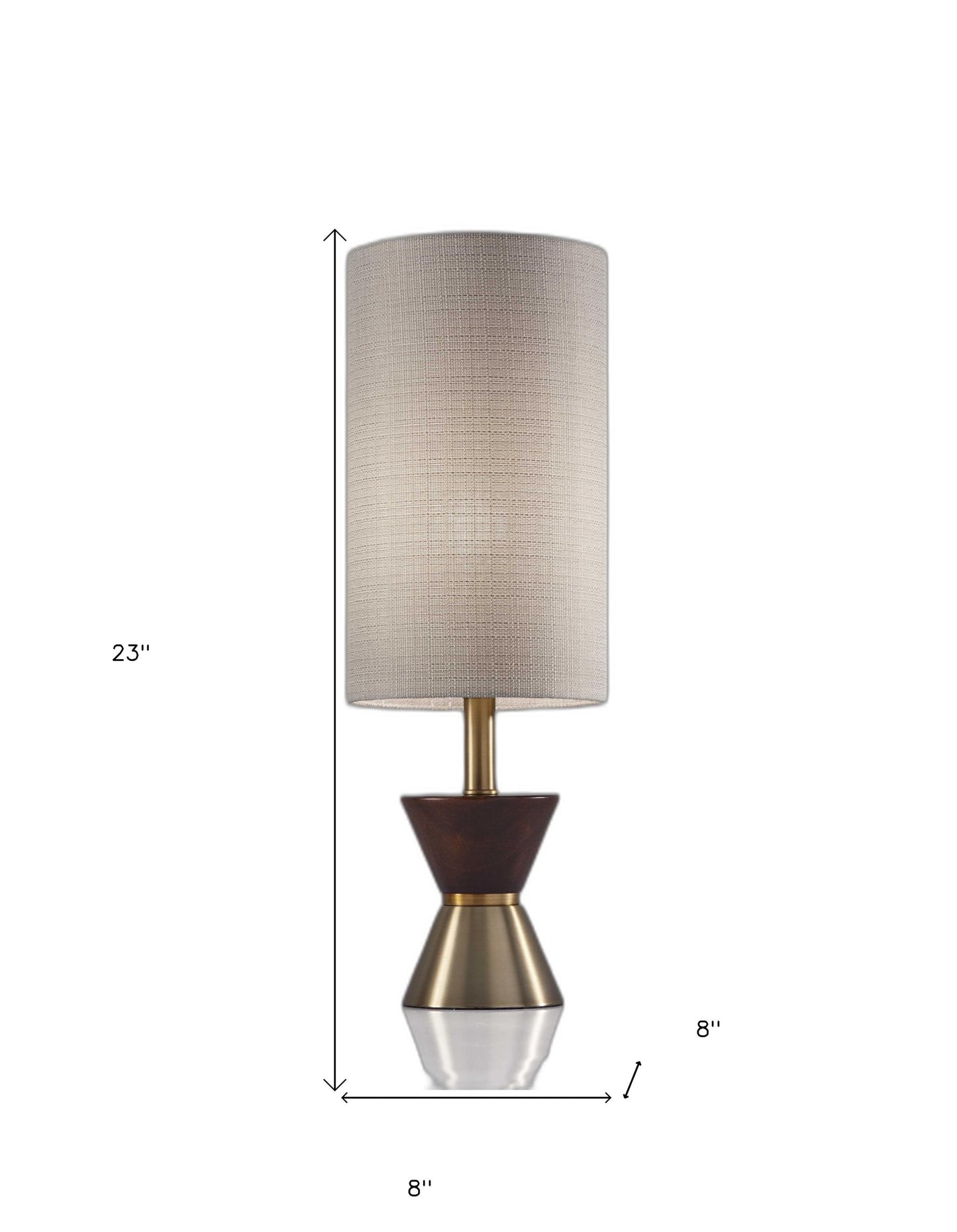 23" Brass Metal And Wood Table Lamp With Beige Drum Shade