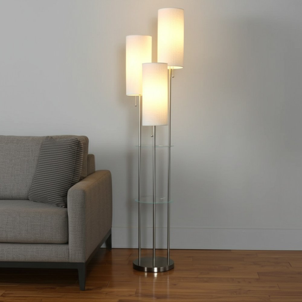 68" Silver Three Light Novelty Floor Lamp With White Linen Cylinder Shade