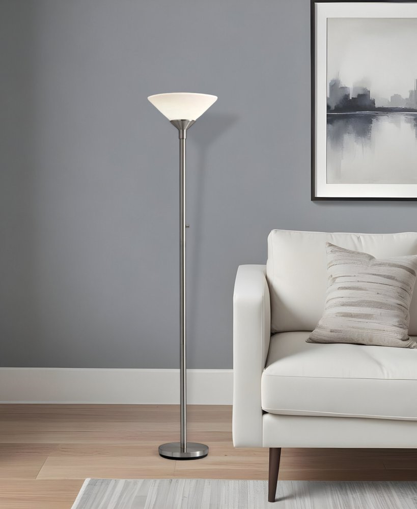 73" Silver Torchiere Floor Lamp With White Acrylic Cone Shade
