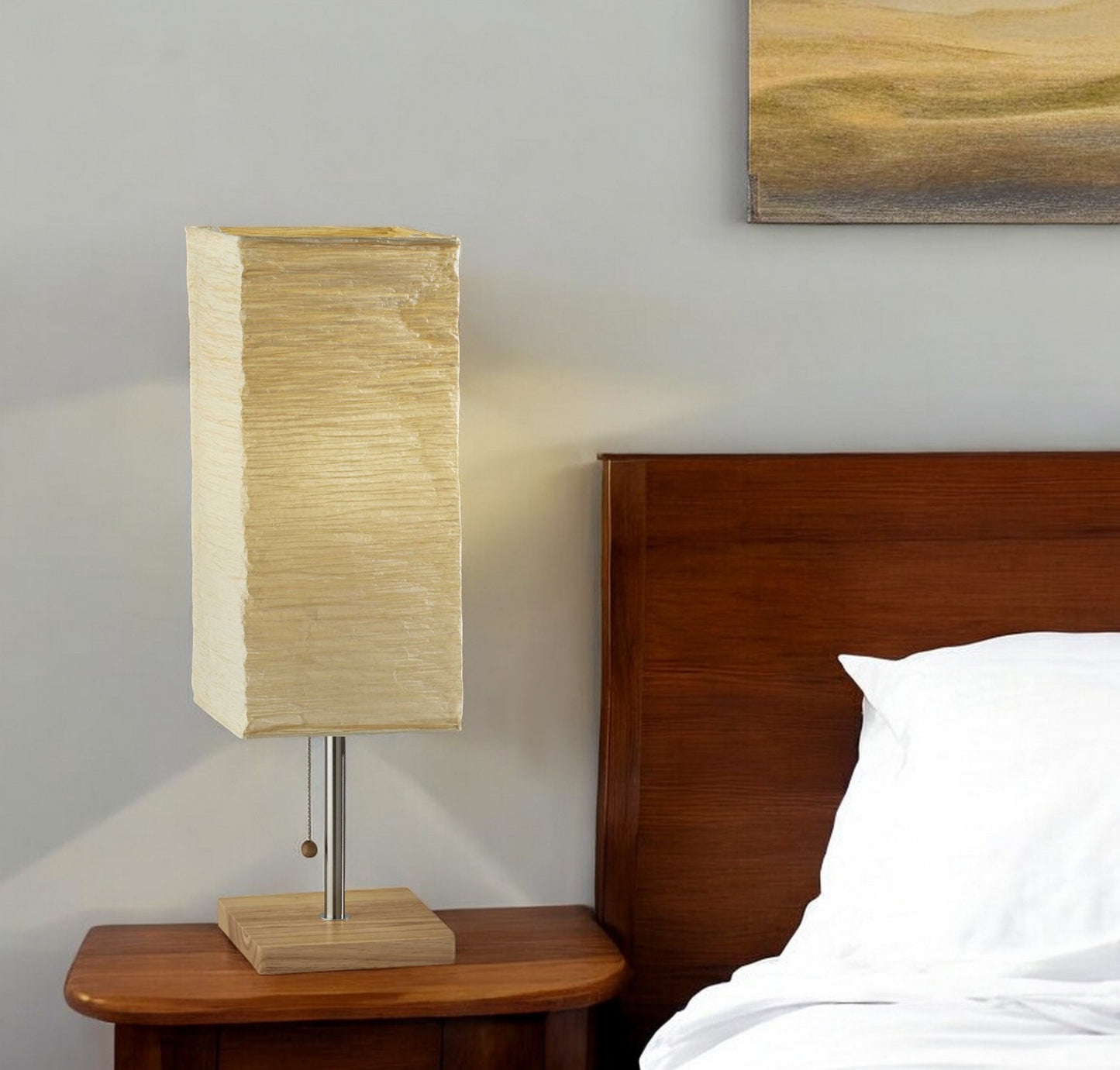 25" Natural Solid Wood And Silver Metal Table Lamp Beige Paper Shade
