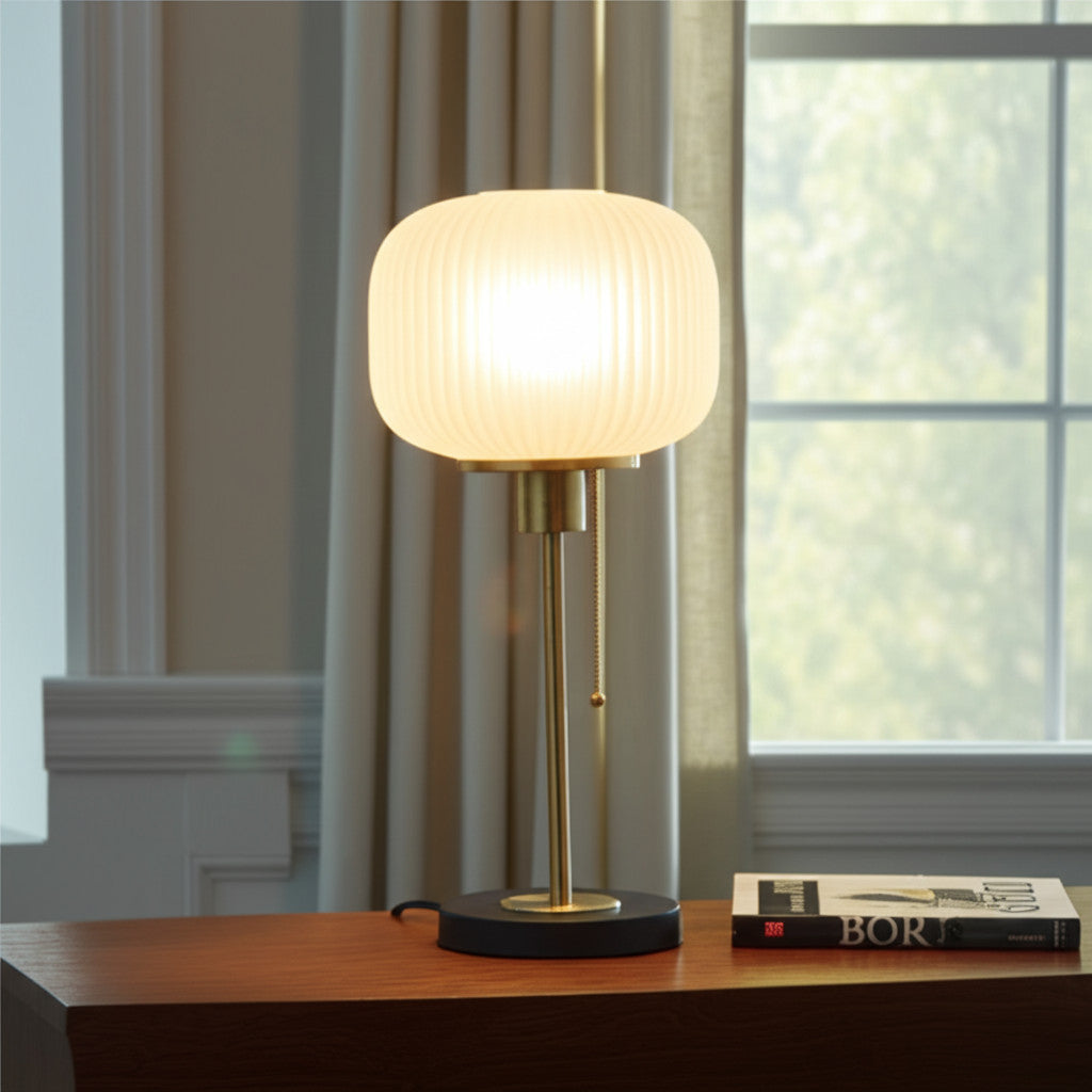 22" Antiqued Brass Table Lamp With White Ribbed Frosted Glass Dome Shade