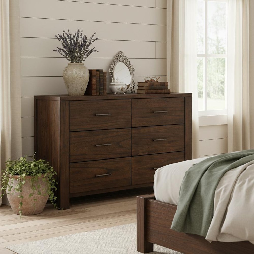 59" Brown Metal Six Drawer Dresser