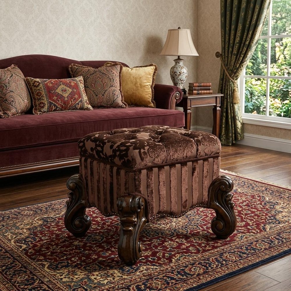 22" Chocolate Fabric Damask Footstool