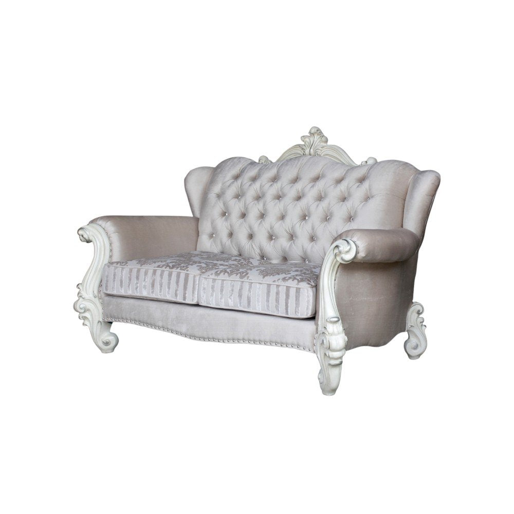 70" Bone And Gold Faux Leather Curved Loveseat
