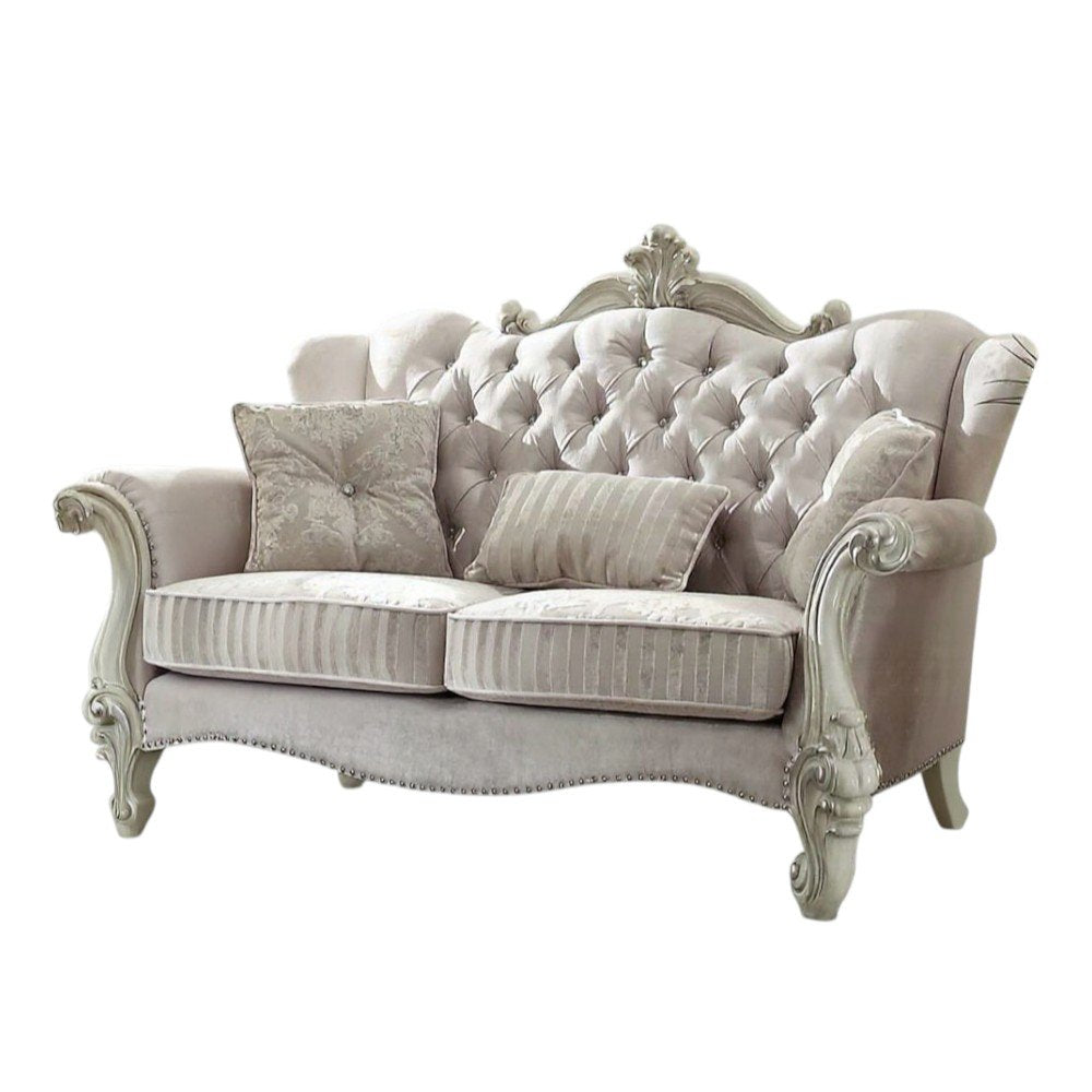 70" Bone And Gold Faux Leather Curved Loveseat
