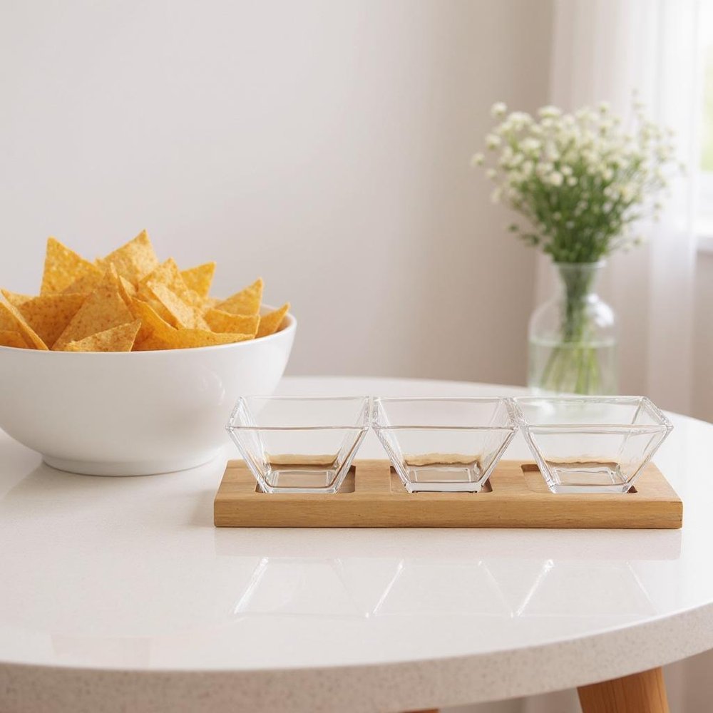 Four Piece Clear And Natural Crystal And Solid Wood Condiment Server