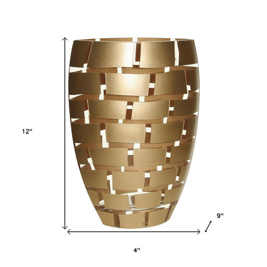 12" Gold And Clear Geometric Oval Lead Free Crystal Table Vase