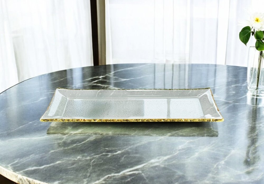 18 Mouth Blown Rectangular Edge Gold Leaf Serving Platter Or Tray