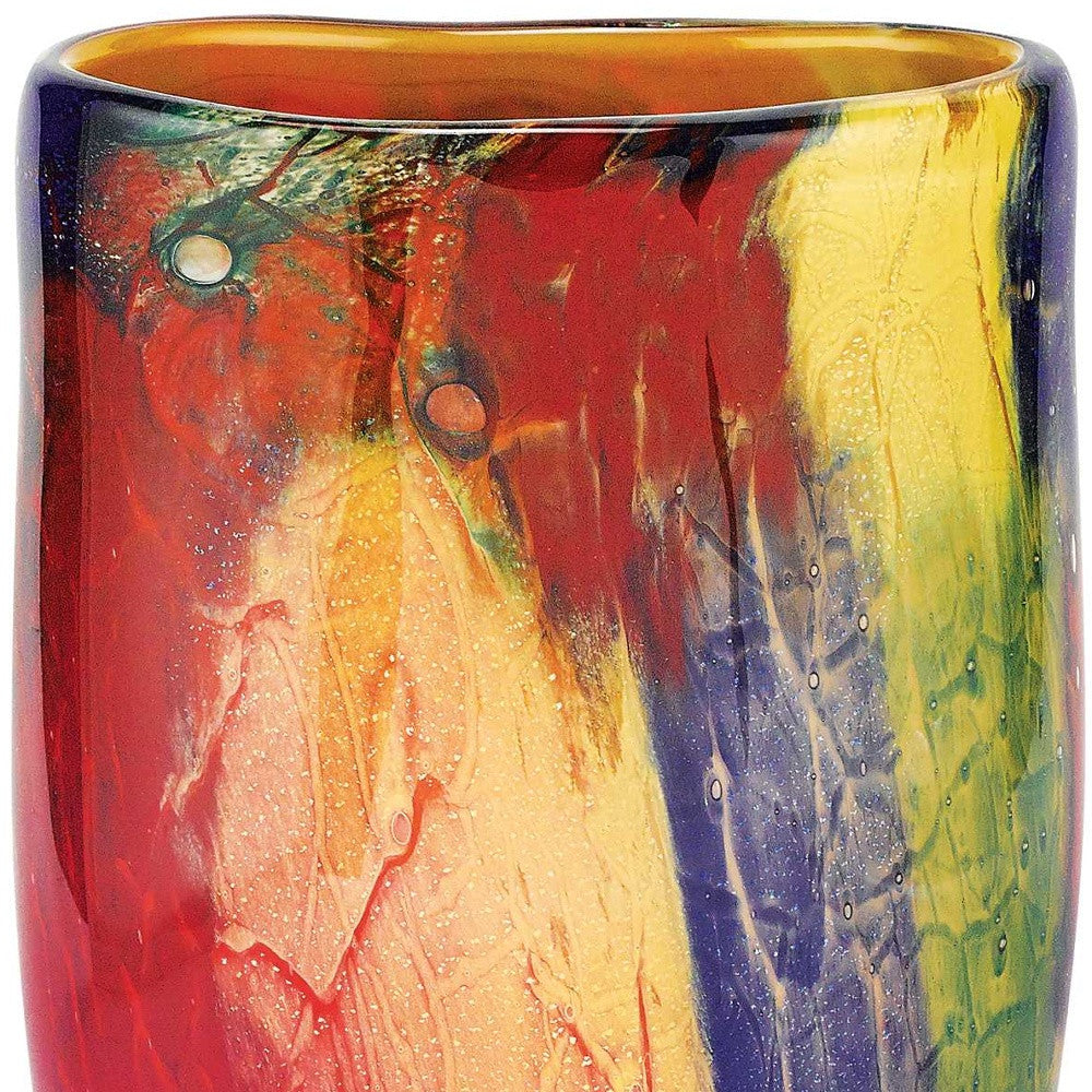 11" Red Purple And Yellow Abstract Oval Murano Glass Table Vase