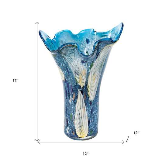 17" Blue And Green Cylinder Crystal Glass Table Vase