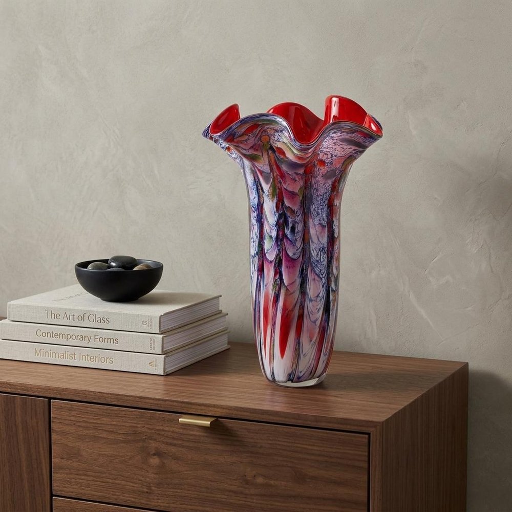 17" Blue Red And White Abstract Wavy Murano Glass Table Vase