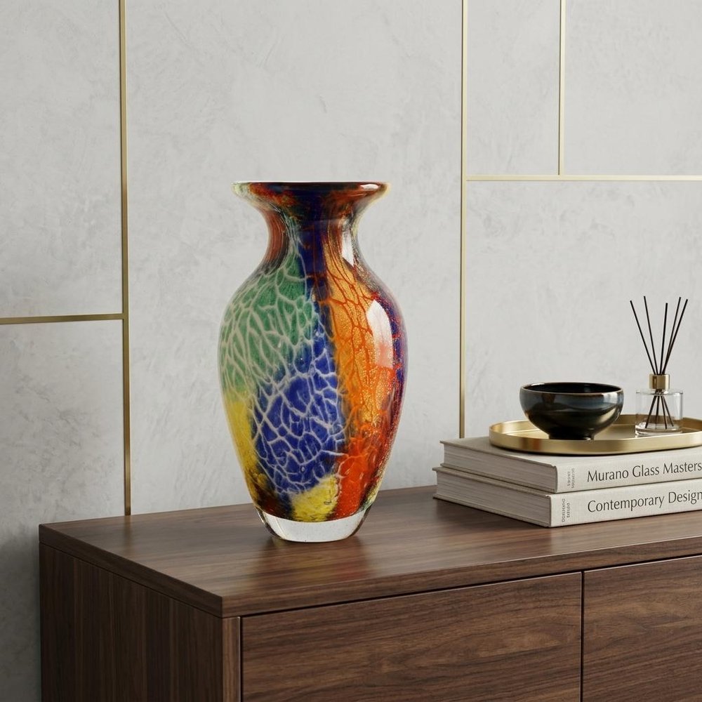 11" Blue Green And Orange Urn Murano Glass Table Vase