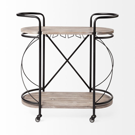 15" Black Solid Wood and Steel Round Rolling Kitchen Cart With Storage