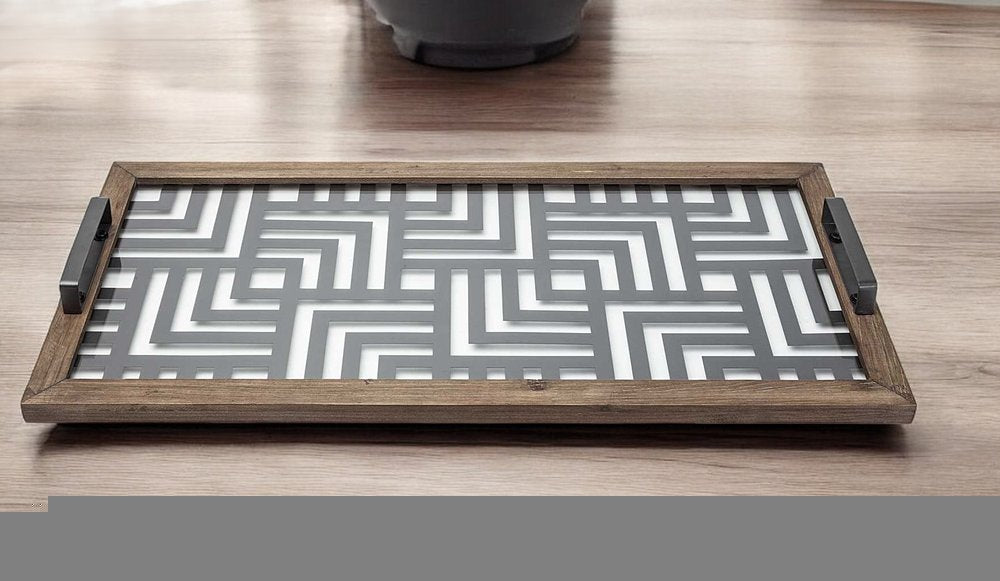 32" Brown and Black Glass Metal And Wood Geometric Serving Tray With Handles