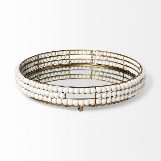 22" Antiqued Gold And White Metal Wood And Mirrored Glass Round Vanity Tray
