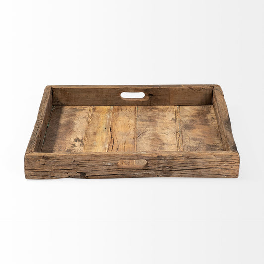 24" Brown Square Reclaimed Wood Tray With Handles