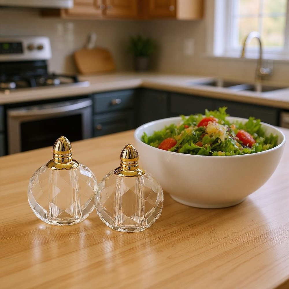 Set of Two Clear And Gold Crystal Geometric Pepper Shakers