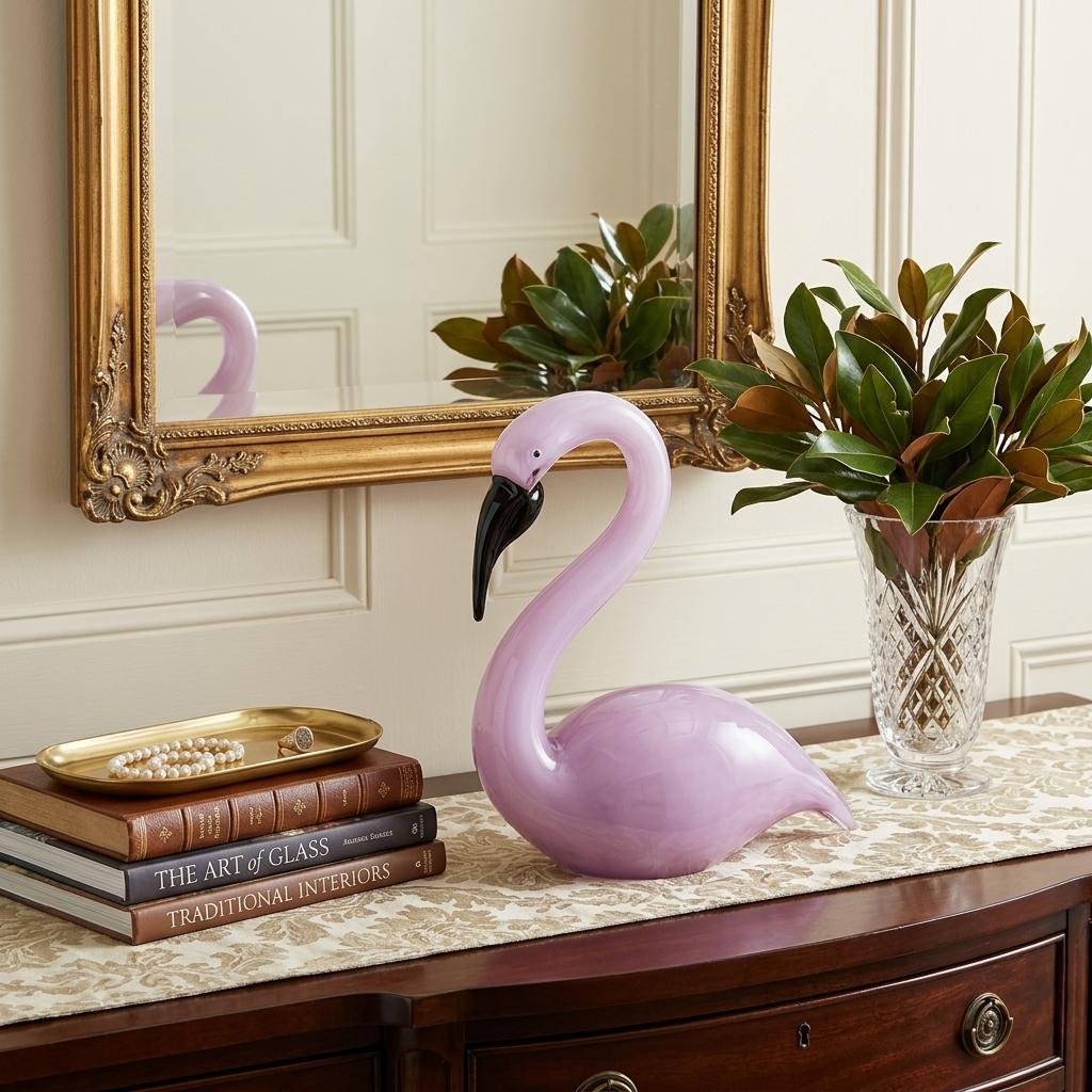15" Pink Murano Glass Flamingo Figurine Tabletop Sculpture