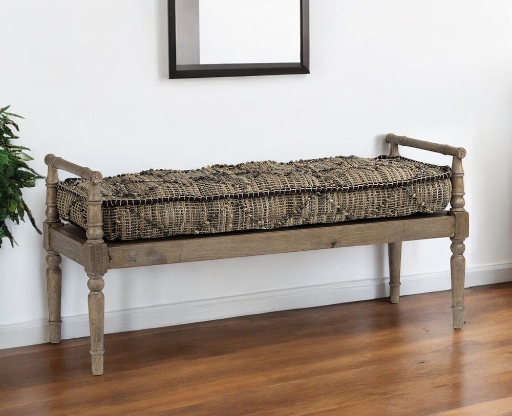 57" Beige And Brown Upholstered Cotton Blend Bench