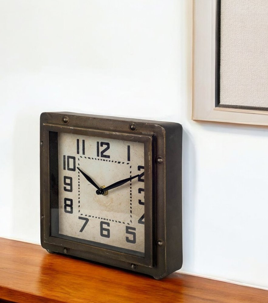 Square Bronze Toned Metal Desk Table Clock With Traditional Black Numbers And Hands