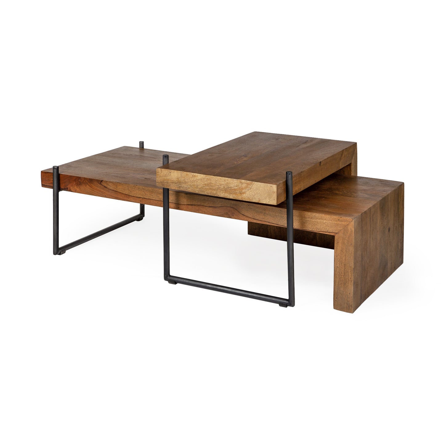 Set of Two Brown Solid Wood and Wood Nested Coffee Tables