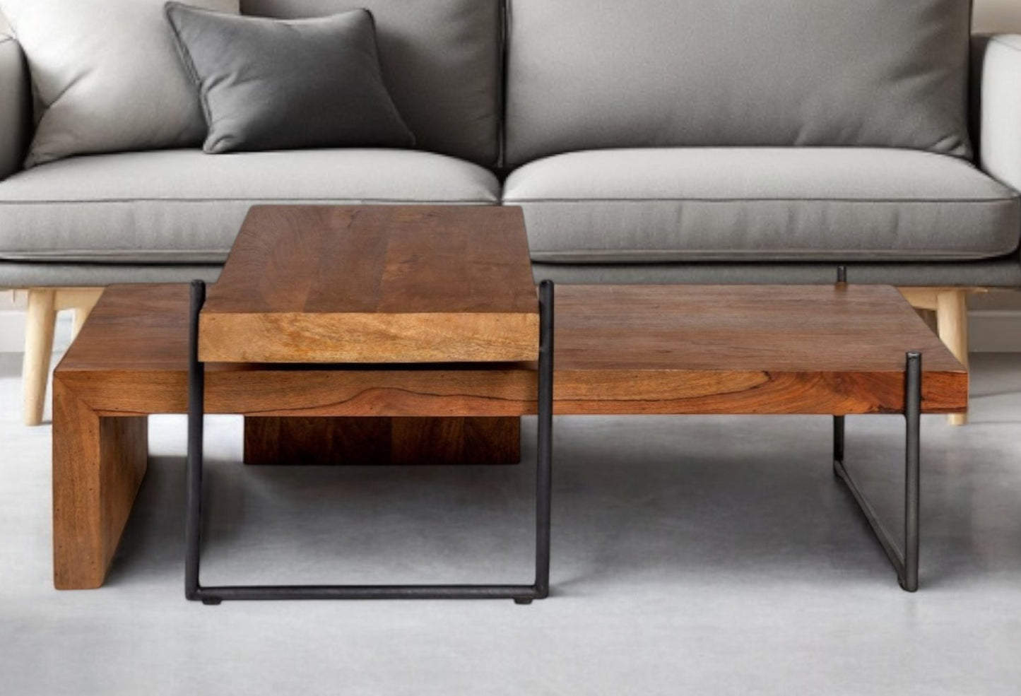 Set of Two Brown Solid Wood and Wood Nested Coffee Tables