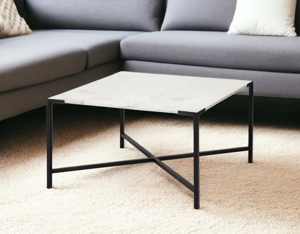 30" Black And White Genuine Marble and Metal Square Cross Legs Coffee Table