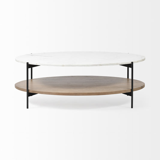 48" Brown and Black Genuine Marble and Metal Oval Coffee Table With Shelf