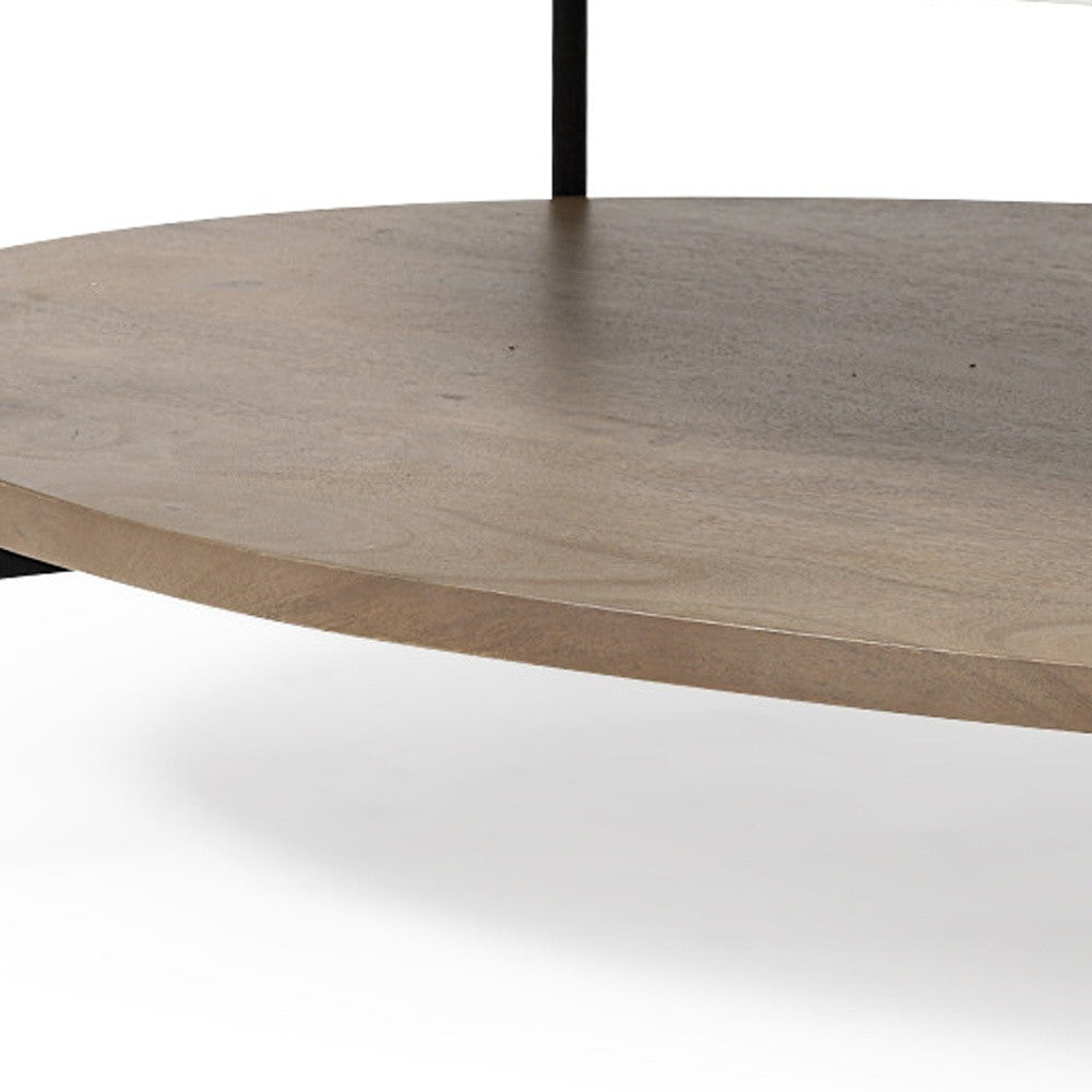 48" Brown and Black Genuine Marble and Metal Oval Coffee Table With Shelf