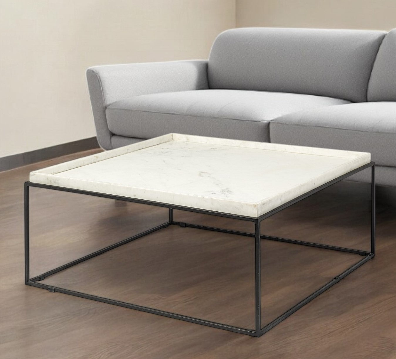 36" White and Black Genuine Marble and Metal Square Coffee Table