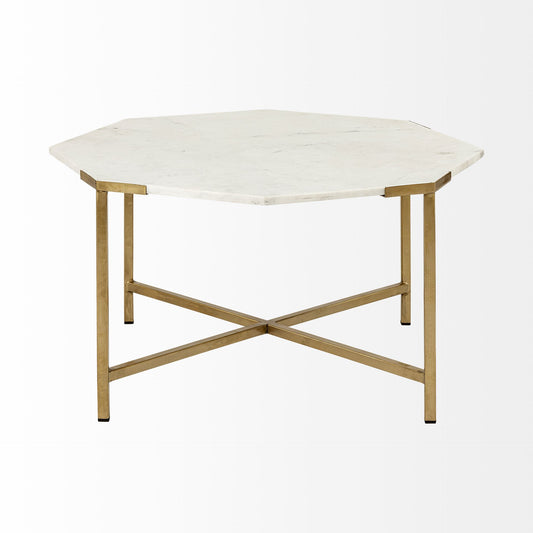 33" White and Gold Genuine Marble and Metal Octagon Coffee Table