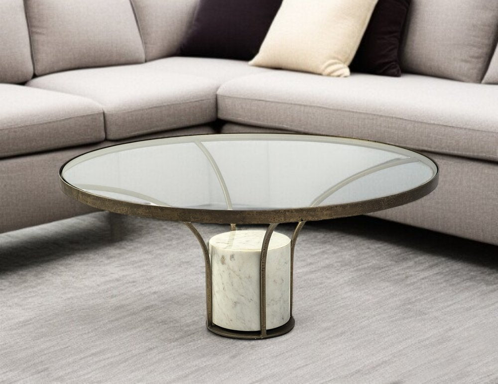 36" Antiqued Gold And White Glass Iron and Marble Round Pedestal Coffee Table