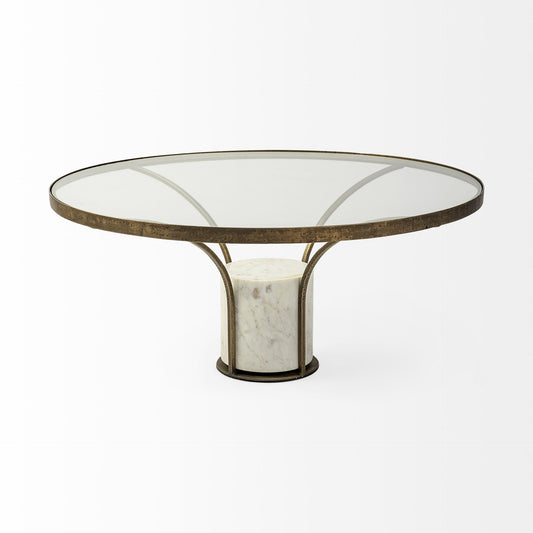 36" Antiqued Gold And White Glass Iron and Marble Round Pedestal Coffee Table