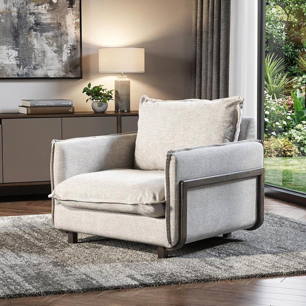 42" Cream and Brown Linen Club Chair