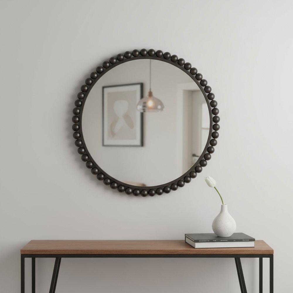 43" Black Metal Round Beaded Framed Accent Mirror