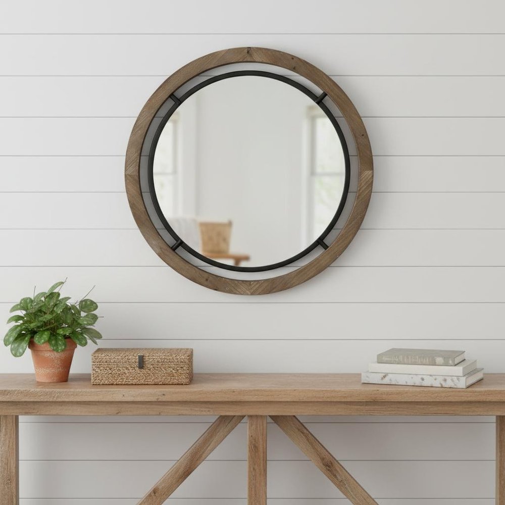 19" Black And Brown Metal And Solid Wood Round Geometric Framed Accent Mirror