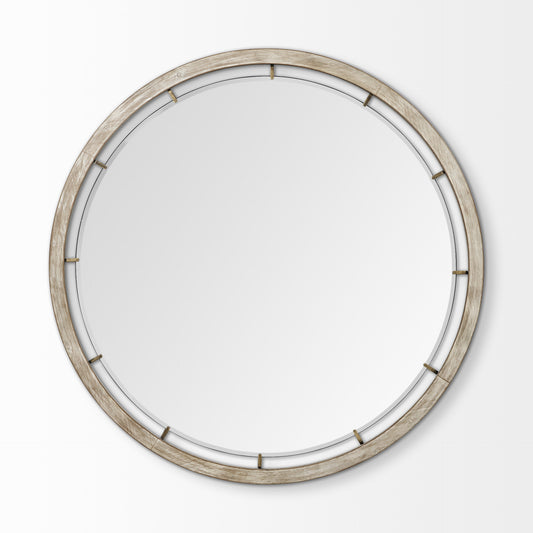 54" Brown Round Wood And Metal Framed Accent Mirror