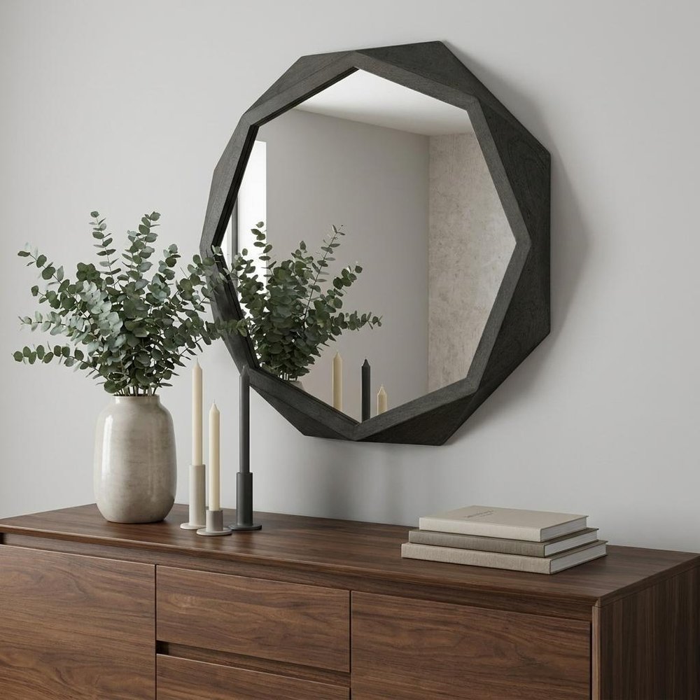 32" Octagon Black Wood Frame Wall Mirror
