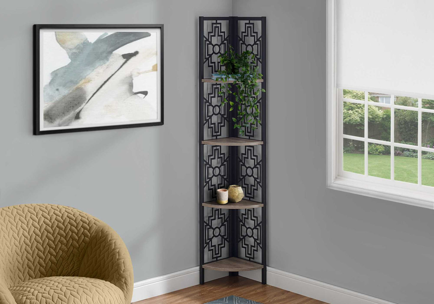 Taupe Metal Four Tier Corner Bookcase