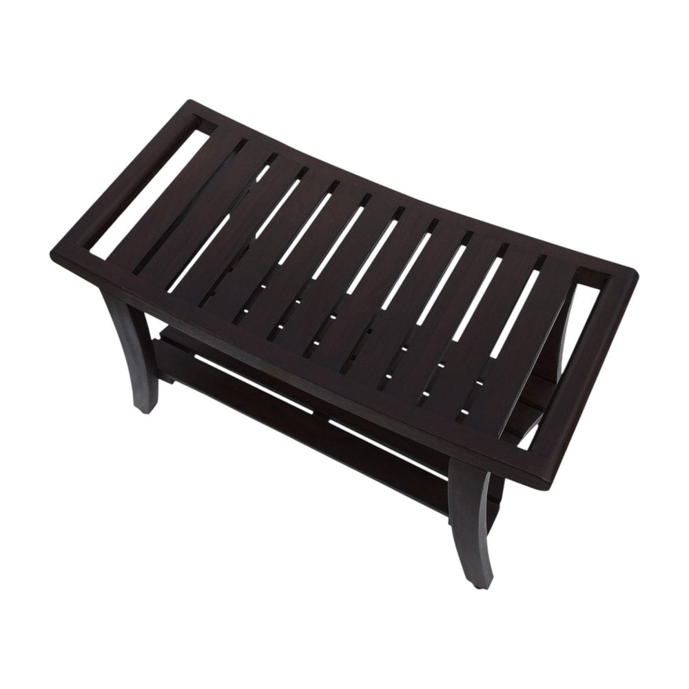 30" Dark Brown Teak Rectangular Shower Bench With Shelf